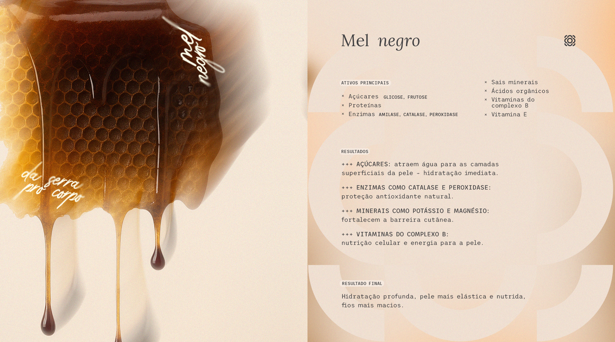 Imagem em close de mel escuro escorrendo sobre uma colmeia natural, representando o ativo Mel Negro utilizado nos cosméticos Maitá. O mel negro é rico em açúcares naturais, enzimas antioxidantes como catalase e peroxidase, sais minerais e vitaminas do complexo B, que atraem água para a pele e promovem hidratação imediata. Combinado à glicerina vegetal e manteigas naturais, fortalece a barreira cutânea, melhora a elasticidade e deixa a pele mais nutrida e luminosa. Cosméticos naturais e veganos desenvolvidos